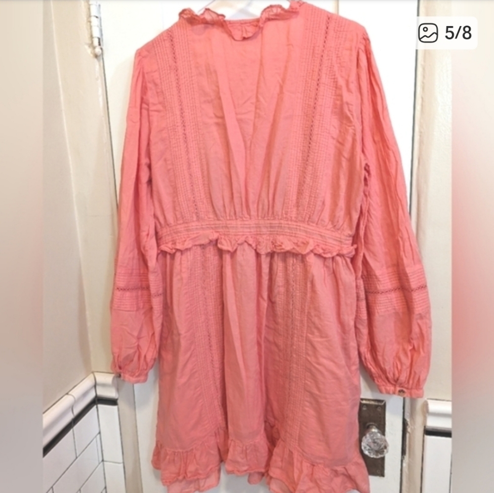 Scotch & Soda Organic Cotton Boho Ruffle Mini Dress XL Pink Button Front - Picture 10 of 10